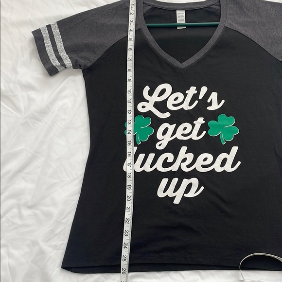 Black and Gray St Paddy’s St Patrick’s Tee “Let’s get lucked up” green shamrocks - Picture 4 of 5